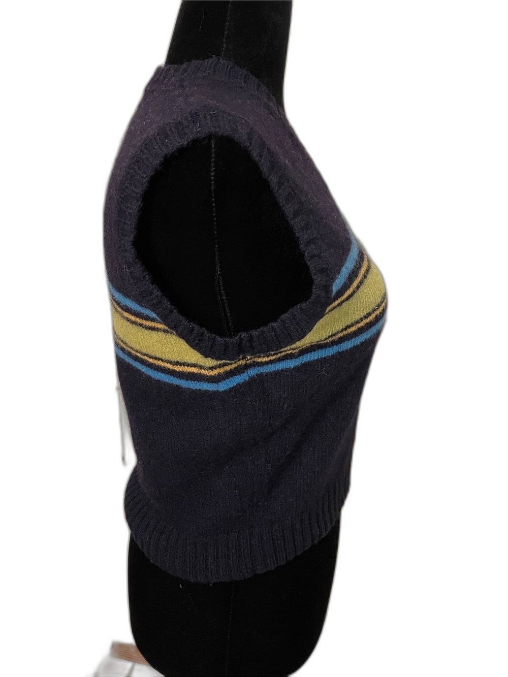Vintage M.Y. Sportswear Wool Sweater Vest Womens Large Navy Blue Lime Striped - Picture 6 of 10